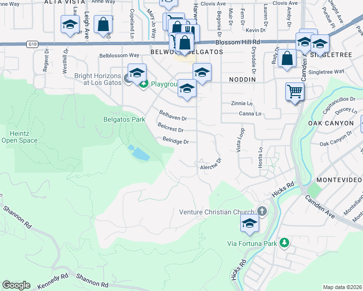 map of restaurants, bars, coffee shops, grocery stores, and more near 118 Belridge Drive in Los Gatos