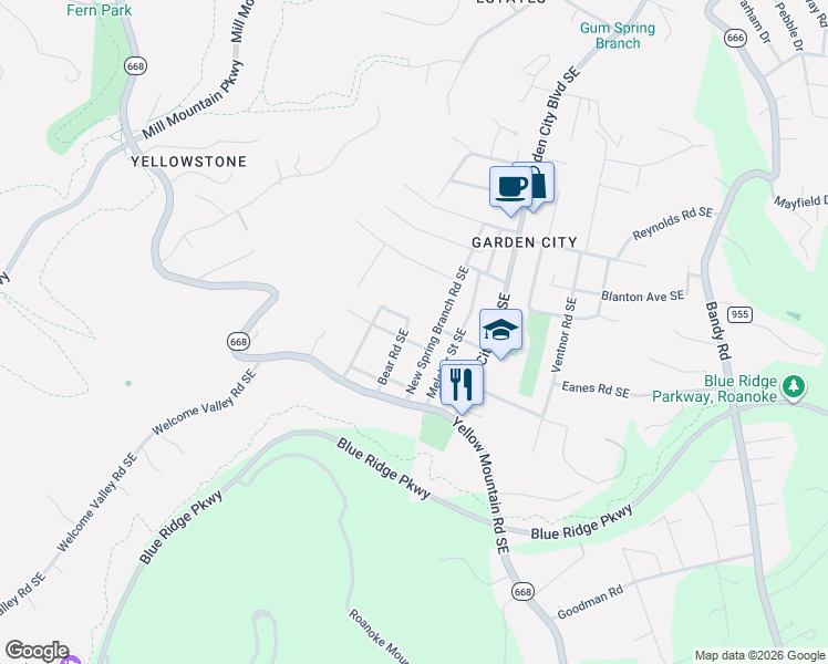 map of restaurants, bars, coffee shops, grocery stores, and more near 3716 New Spring Branch Road Southeast in Roanoke