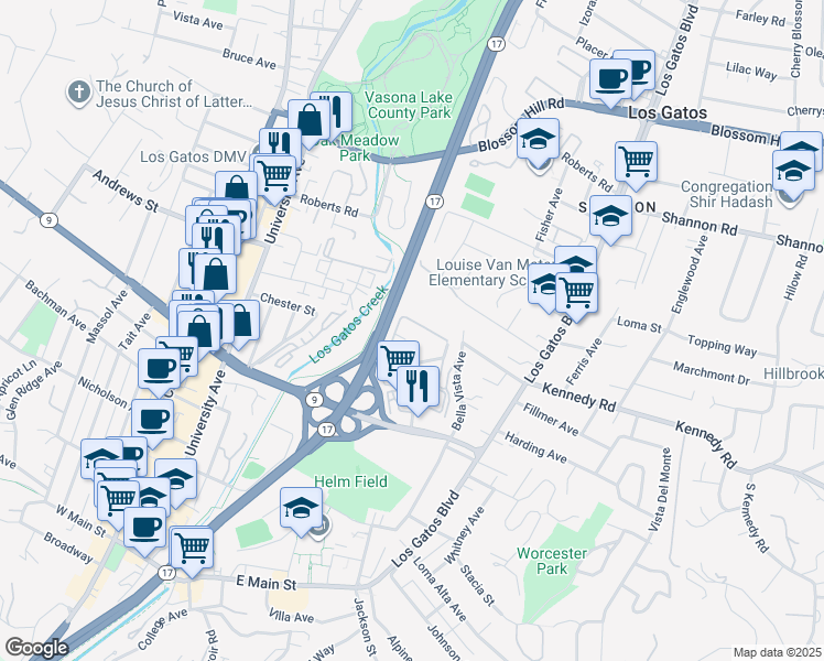 map of restaurants, bars, coffee shops, grocery stores, and more near 449 Alberto Way in Los Gatos