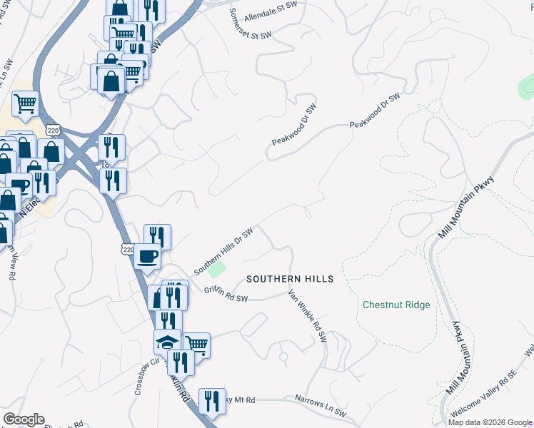 map of restaurants, bars, coffee shops, grocery stores, and more near 4422 Southern Hills Drive Southwest in Roanoke