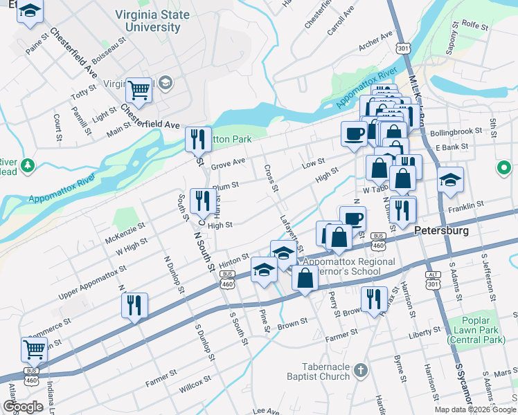 map of restaurants, bars, coffee shops, grocery stores, and more near 635 High Street in Petersburg