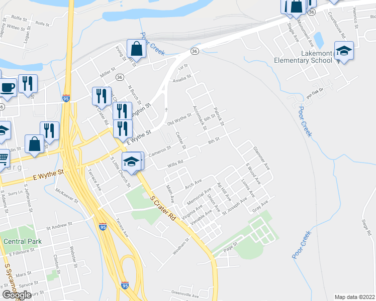 map of restaurants, bars, coffee shops, grocery stores, and more near 231 Center Street in Petersburg