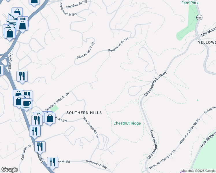 map of restaurants, bars, coffee shops, grocery stores, and more near 4336 Van Winkle Road Southwest in Roanoke