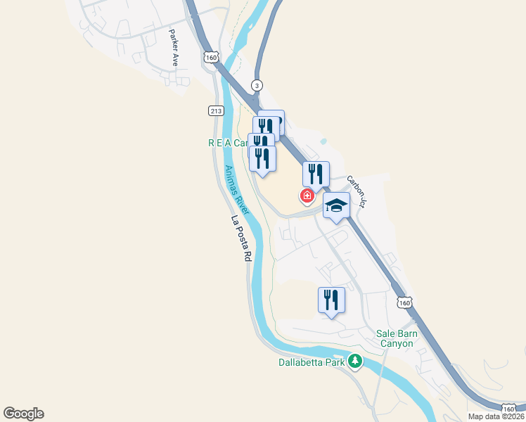 map of restaurants, bars, coffee shops, grocery stores, and more near Animas River Trail in Durango