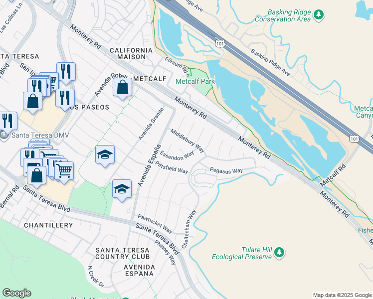 map of restaurants, bars, coffee shops, grocery stores, and more near 68 Essendon Way in San Jose