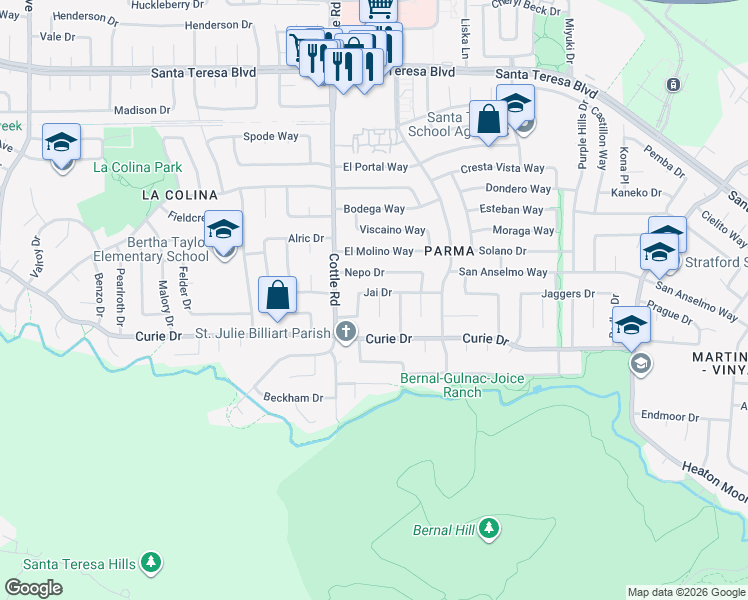 map of restaurants, bars, coffee shops, grocery stores, and more near 6420 Rizal Court in San Jose