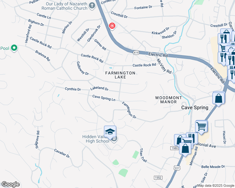 map of restaurants, bars, coffee shops, grocery stores, and more near 5302 Lakeland Drive in Cave Spring