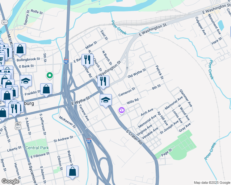 map of restaurants, bars, coffee shops, grocery stores, and more near 131 South Old Church Street in Petersburg