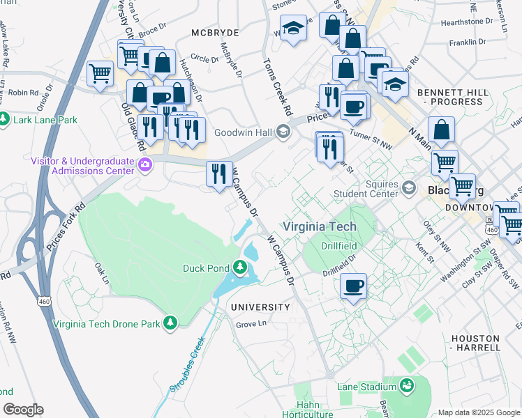 map of restaurants, bars, coffee shops, grocery stores, and more near 1455 Perry Street in Blacksburg