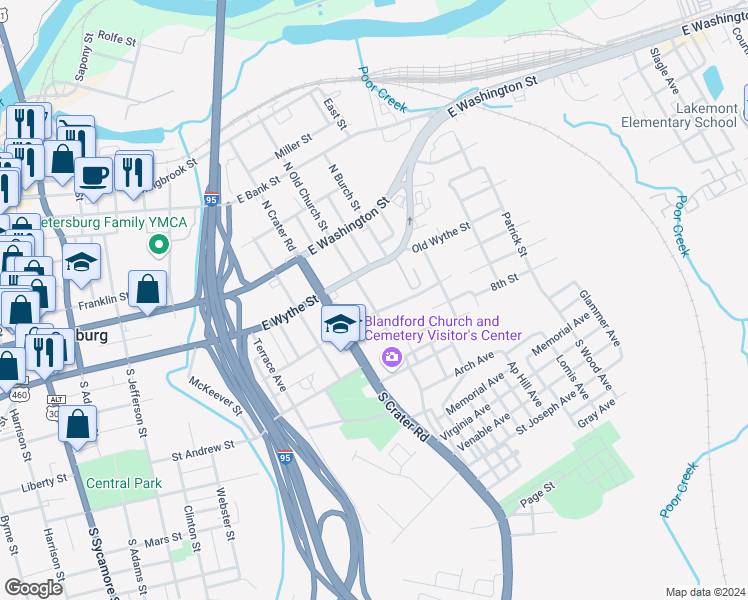 map of restaurants, bars, coffee shops, grocery stores, and more near 133 South Old Church Street in Petersburg