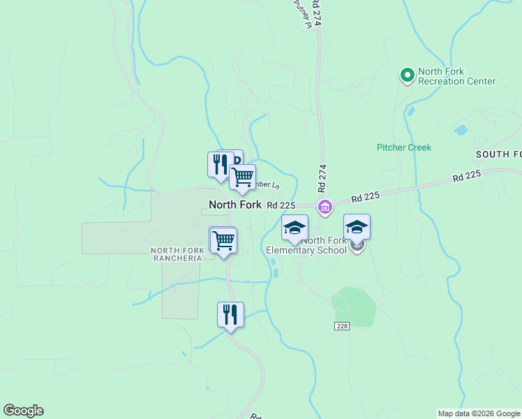 map of restaurants, bars, coffee shops, grocery stores, and more near 57076 Road 225 in North Fork