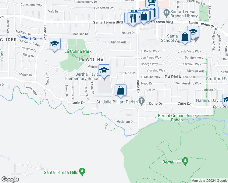 map of restaurants, bars, coffee shops, grocery stores, and more near 6350 Woosley Drive in San Jose