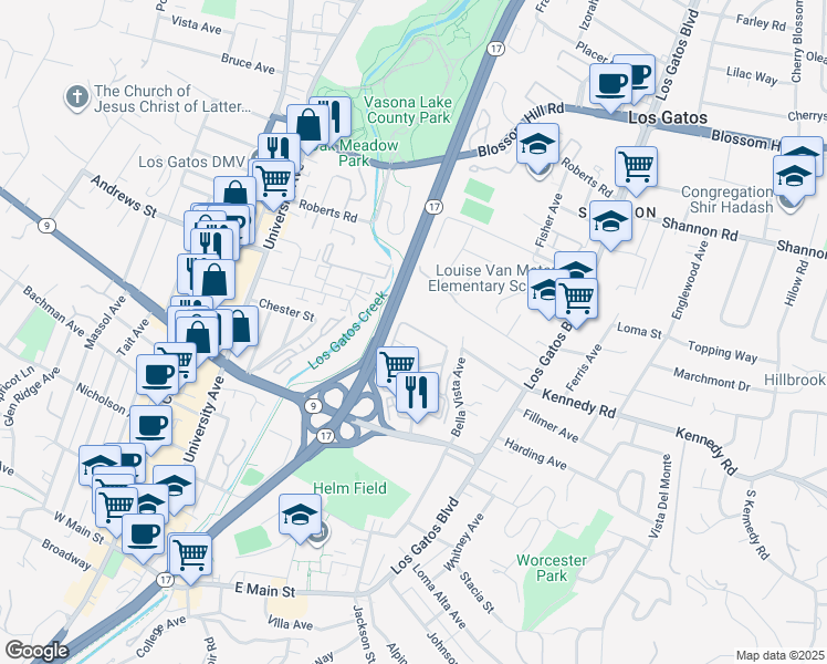 map of restaurants, bars, coffee shops, grocery stores, and more near 449 Alberto Way in Los Gatos
