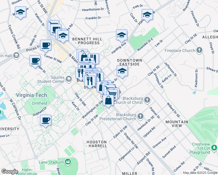 map of restaurants, bars, coffee shops, grocery stores, and more near 204 Church Street Northeast in Blacksburg