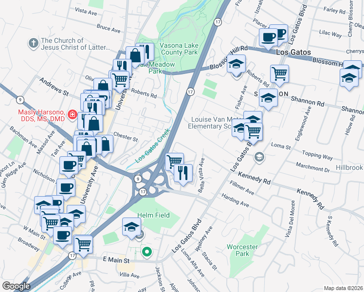 map of restaurants, bars, coffee shops, grocery stores, and more near 439 Alberto Way in Los Gatos
