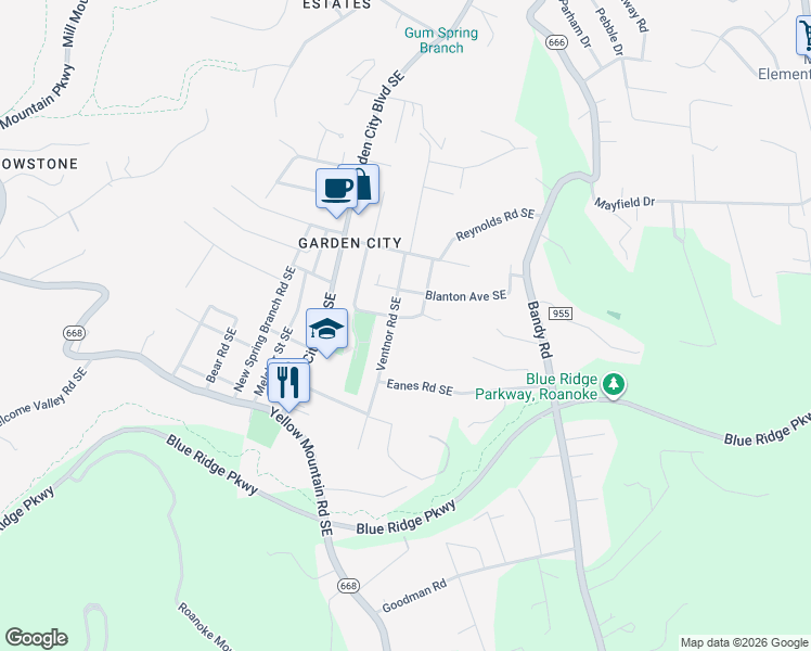 map of restaurants, bars, coffee shops, grocery stores, and more near 3630 Ventnor Rd SE in Roanoke