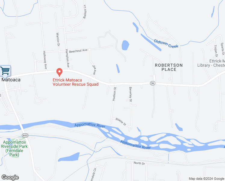 map of restaurants, bars, coffee shops, grocery stores, and more near 21608 Hudson Street in Petersburg
