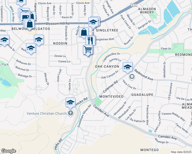 map of restaurants, bars, coffee shops, grocery stores, and more near Oak Canyon Drive & Capitancillos Place in San Jose