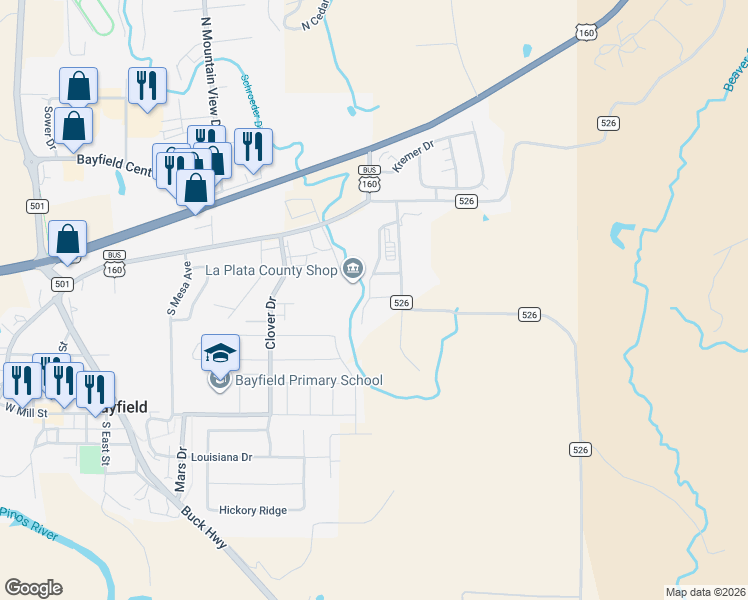 map of restaurants, bars, coffee shops, grocery stores, and more near 1591 County Road 526 in Bayfield