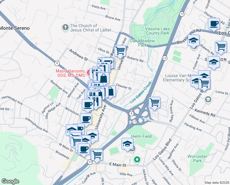 map of restaurants, bars, coffee shops, grocery stores, and more near 471 Wraight Avenue in Los Gatos