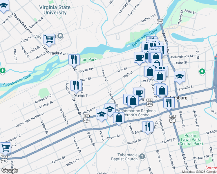 map of restaurants, bars, coffee shops, grocery stores, and more near in Petersburg