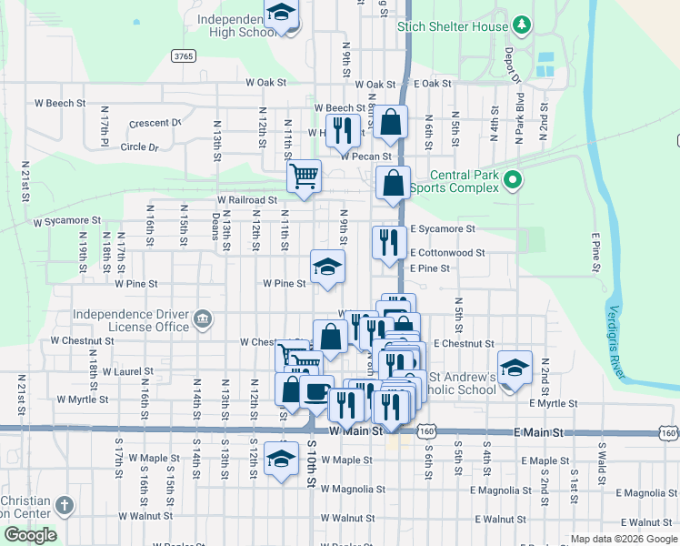map of restaurants, bars, coffee shops, grocery stores, and more near 514 North 9th Street in Independence