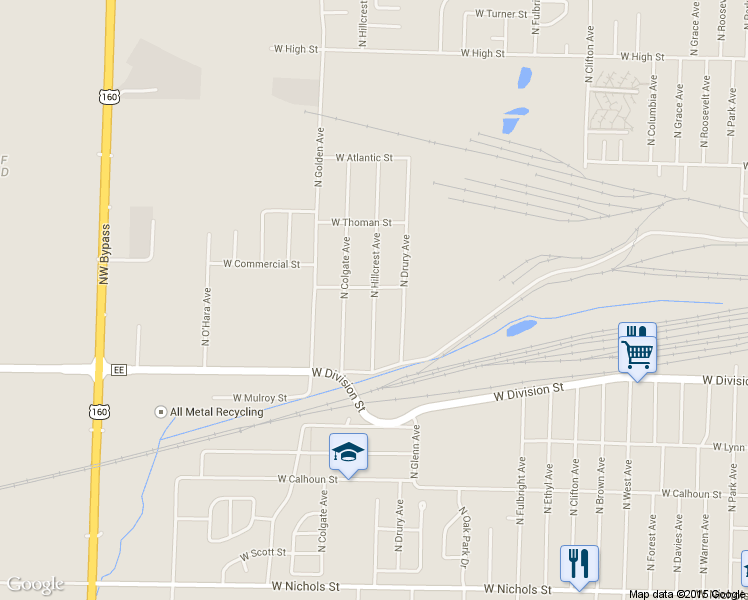 map of restaurants, bars, coffee shops, grocery stores, and more near 1635 North Hillcrest Avenue in Springfield