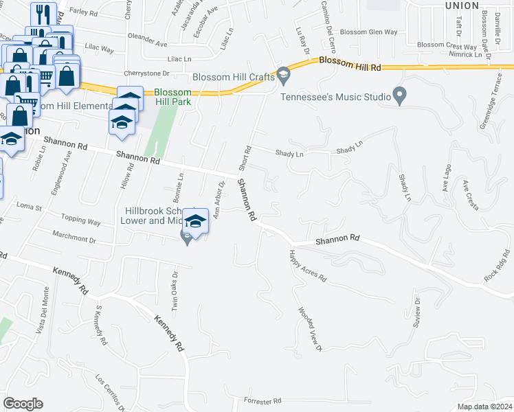 map of restaurants, bars, coffee shops, grocery stores, and more near 15961 Shannon Road in Los Gatos