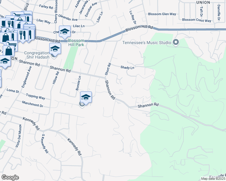 map of restaurants, bars, coffee shops, grocery stores, and more near 15965 Shannon Road in Los Gatos