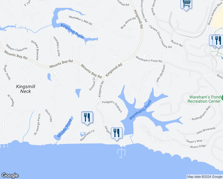 map of restaurants, bars, coffee shops, grocery stores, and more near 405 Littletown Quarter in Williamsburg