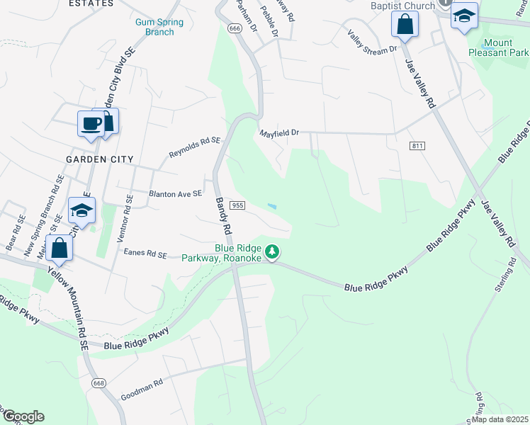 map of restaurants, bars, coffee shops, grocery stores, and more near 1669 Indian Rock Road Southeast in Roanoke