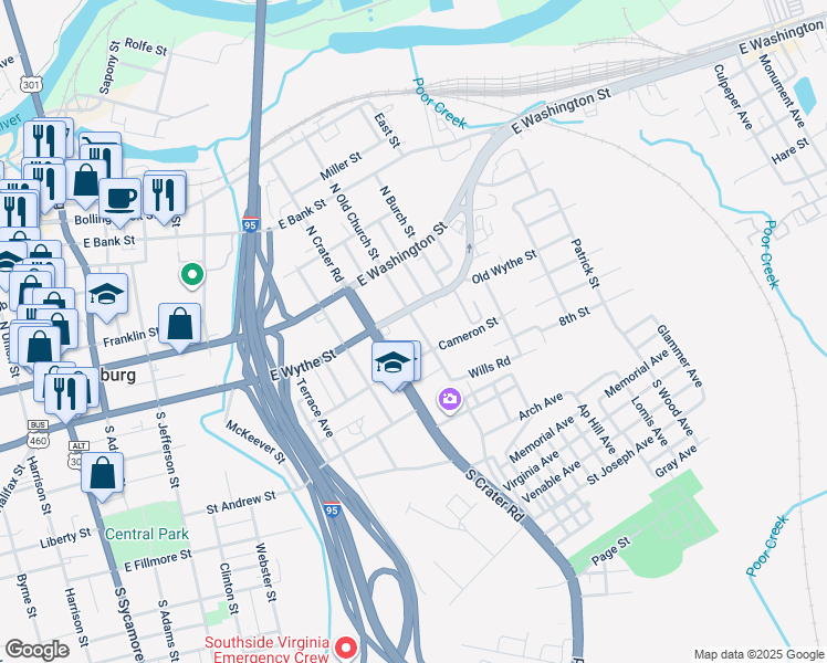map of restaurants, bars, coffee shops, grocery stores, and more near 120 North Old Church Street in Petersburg