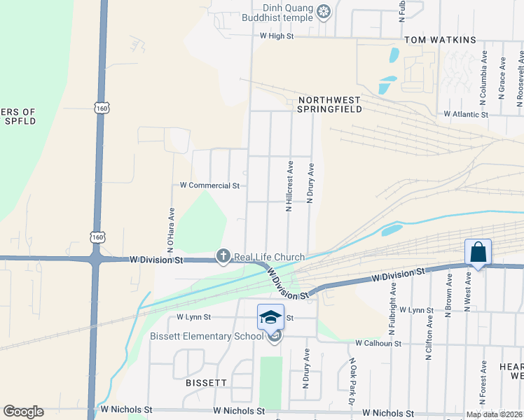 map of restaurants, bars, coffee shops, grocery stores, and more near 3031 West Pacific Street in Springfield