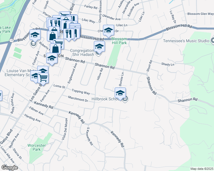 map of restaurants, bars, coffee shops, grocery stores, and more near 16464 Shady View Lane in Los Gatos