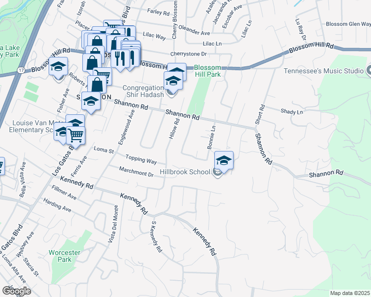 map of restaurants, bars, coffee shops, grocery stores, and more near 16464 Shady View Lane in Los Gatos