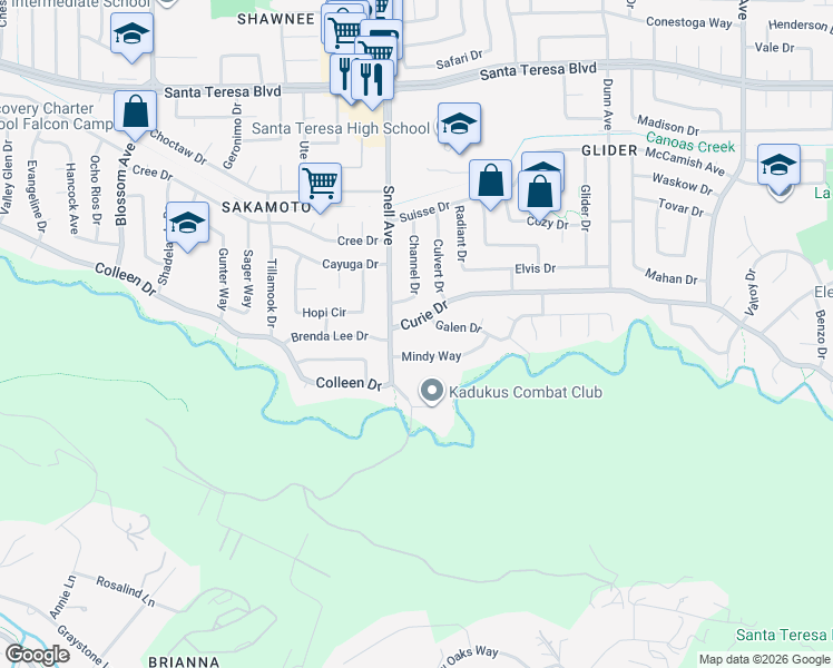 map of restaurants, bars, coffee shops, grocery stores, and more near 6326 Channel Drive in San Jose