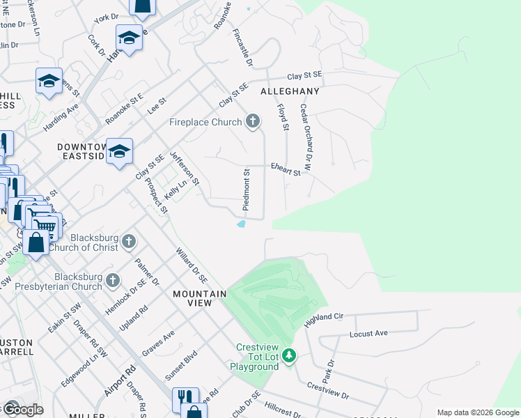 map of restaurants, bars, coffee shops, grocery stores, and more near 608 Alleghany Street in Blacksburg