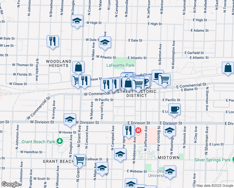 map of restaurants, bars, coffee shops, grocery stores, and more near 302 West Commercial Street in Springfield