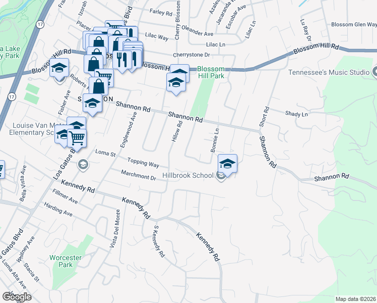 map of restaurants, bars, coffee shops, grocery stores, and more near 16464 Shady View Lane in Los Gatos