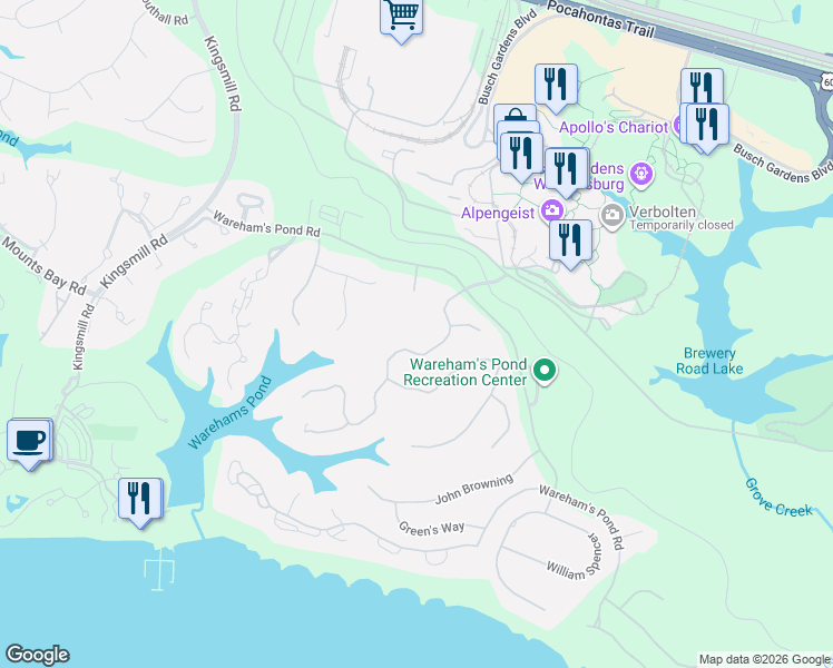 map of restaurants, bars, coffee shops, grocery stores, and more near 108 Blair Ct in Williamsburg