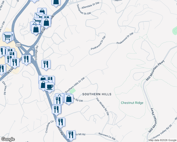 map of restaurants, bars, coffee shops, grocery stores, and more near 4422 Southern Hills Drive Southwest in Roanoke