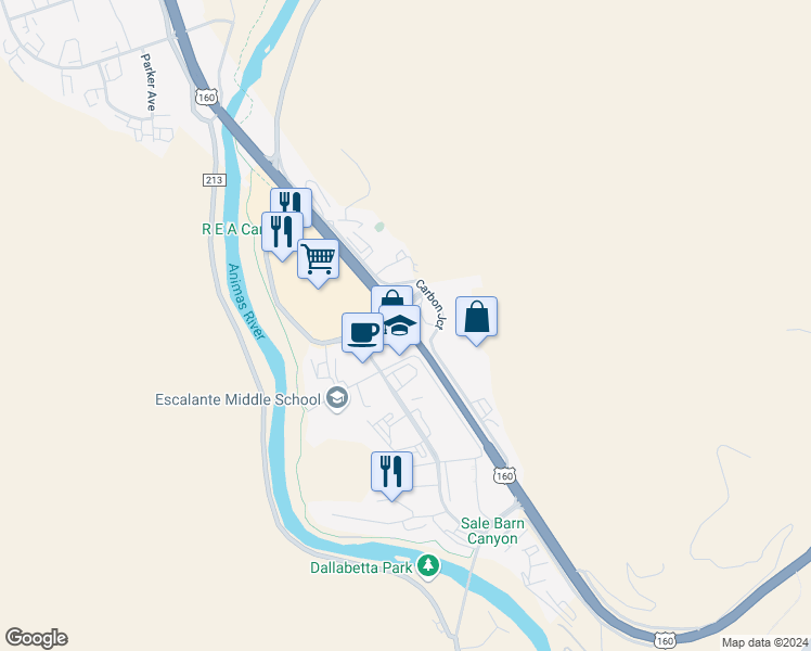 map of restaurants, bars, coffee shops, grocery stores, and more near 25901 Highway 550 in Durango