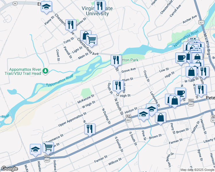 map of restaurants, bars, coffee shops, grocery stores, and more near 806 Fort Henry Street in Petersburg