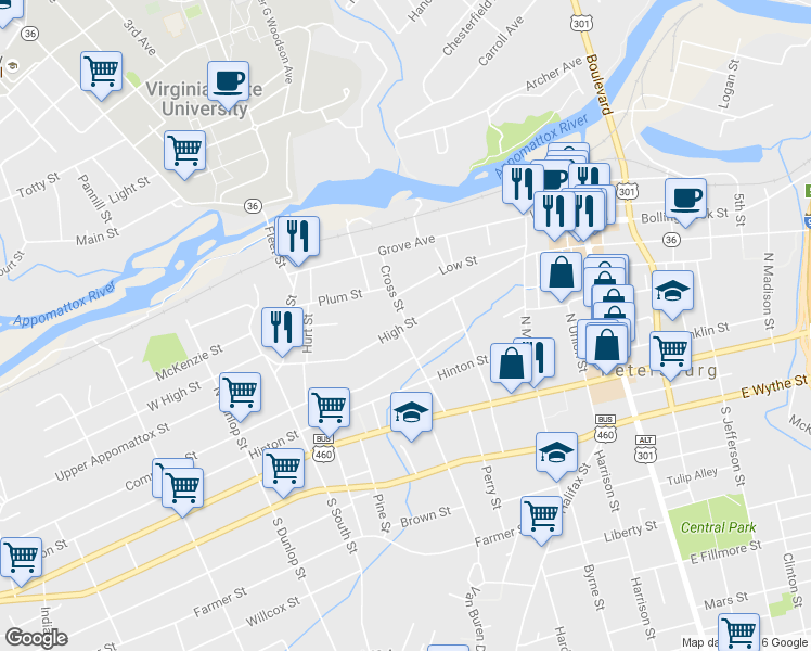 map of restaurants, bars, coffee shops, grocery stores, and more near 416 High St in Petersburg