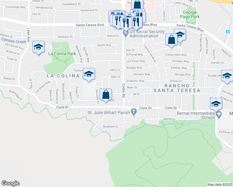 map of restaurants, bars, coffee shops, grocery stores, and more near Sponson Lane & Sponson Court in San Jose