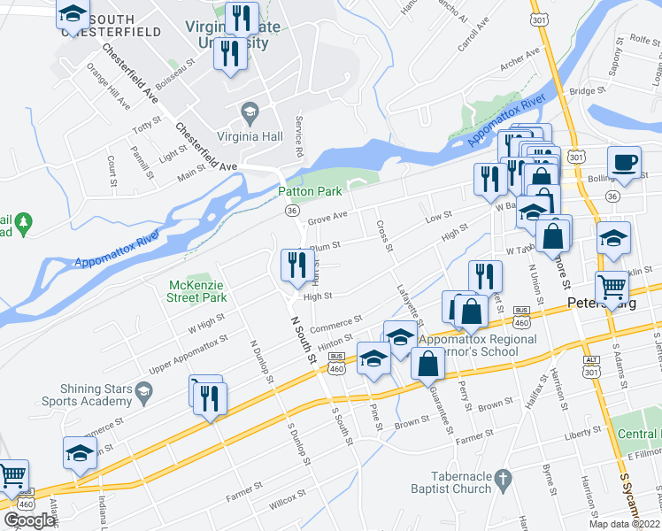 map of restaurants, bars, coffee shops, grocery stores, and more near 615 Gilliam Street in Petersburg