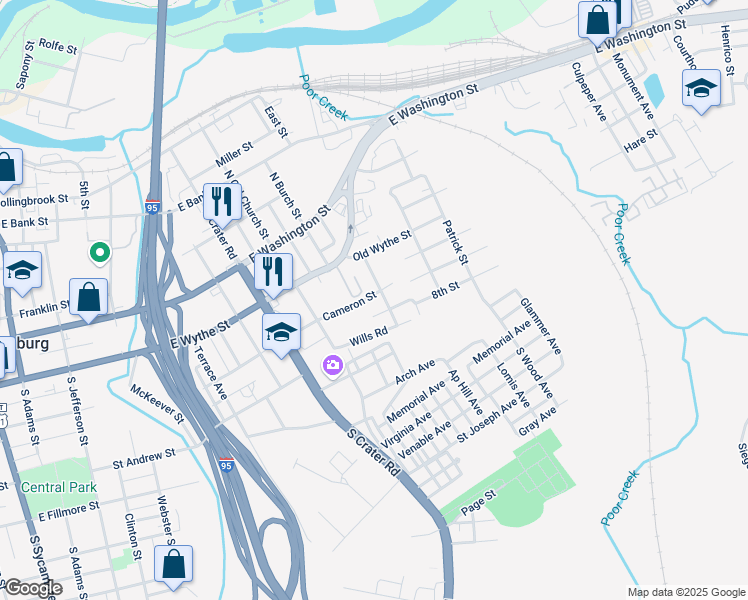map of restaurants, bars, coffee shops, grocery stores, and more near 124 Center Street in Petersburg