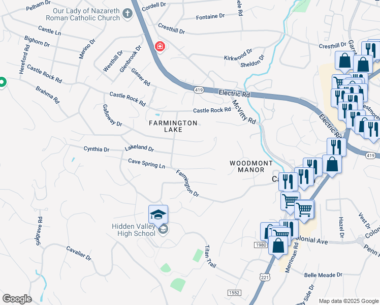 map of restaurants, bars, coffee shops, grocery stores, and more near 5234 Green Meadow Road in Cave Spring