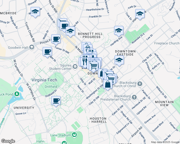 map of restaurants, bars, coffee shops, grocery stores, and more near 205 North Main Street in Blacksburg