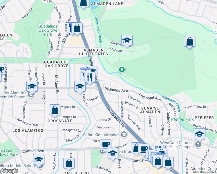map of restaurants, bars, coffee shops, grocery stores, and more near 6226 Flowering Plum Road in San Jose